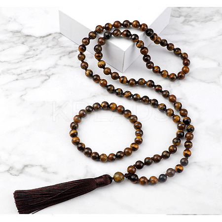 Natural Tiger Eye Round Beaded Pendant Necklaces & Bracelets Sets FS-WG9D102-06-1