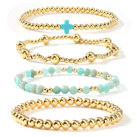 4Pcs Golden Brass & Glass Round Beaded Bracelet Sets XG4611-5-1