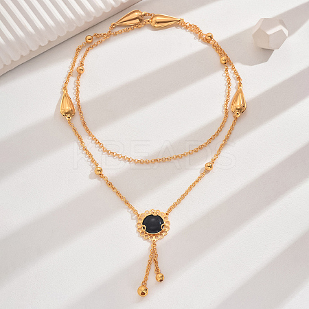 Vintage Classic Elegant Brass Pave Natural Black Onyx(Dyed & Heated) Fashion European Flower Lariat Necklaces YP1848-4-1