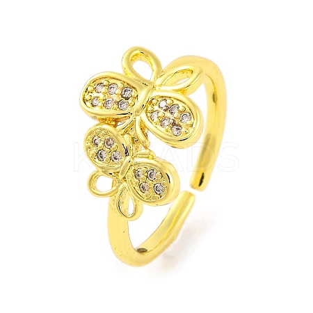 Butterfly Brass Micro Pave Clear Cubic Zirconia Open Cuff Rings for Women RJEW-U003-08G-1
