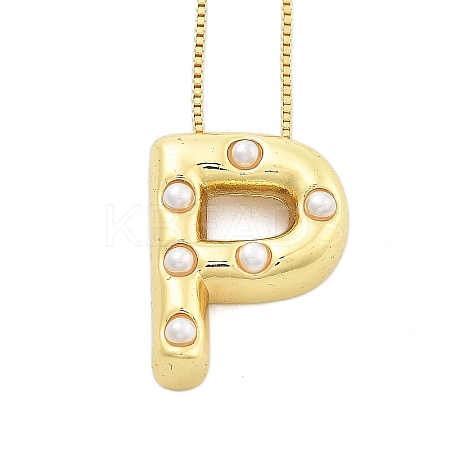 Brass & Plastic Pearl Letter Pendant Box Chain Necklaces for Women NJEW-U017-01G-16-1