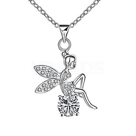 Silver Plated Brass Cubic Zirconia Fairy Pendant Necklaces NJEW-BB03304-1