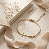 Adjustable 304 Stainless Steel Sideways Cross Link Handmade Braided Cord Bracelets with Brass Beads for Men Women HK4734-2