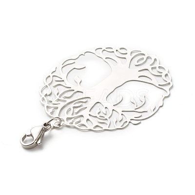 Tarnish Resistant Flat Round with Tree of Life 201 Stainless Steel Filigree Pendant Decorations HJEW-JM00573-03-1