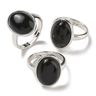 Natural Obsidian Oval Adjustable Rings RJEW-K371-07S-24-1