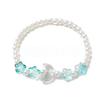 Star & Moon & Imitation Pearl Glass Beaded Stretch Bracelet for Kid BJEW-JB09265-1