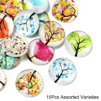 15Pcs Tree of Life Printed with Half Round Glass Cabochons GGLA-YW0001-19-1