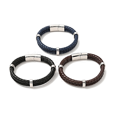 Leather Braided Double Loops Multi-strand Bracelet with 304 Stainless Steel Magneti Clasp for Men Women BJEW-C021-16-P-1