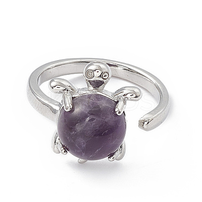 Natural Amethyst Turtle Open Cuff Ring RJEW-P082-01P-01-1