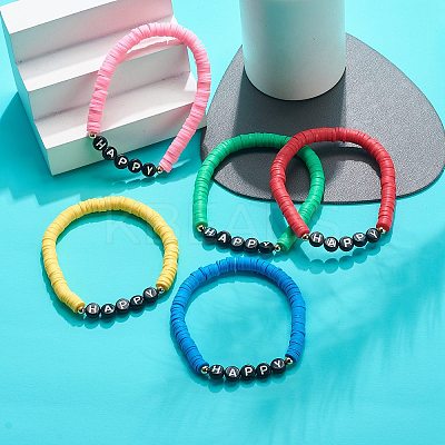 5Pcs 5 Color Handmade Polymer Clay Disc Surfer Stretch Bracelets Set BJEW-JB08800-1