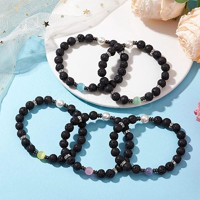 Round Natural Lava Rock & Cat Eye Beads Stretch Bracelets for Women BJEW-JB10986-1