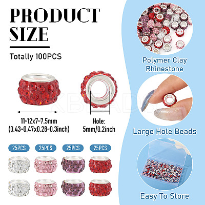 100Pcs 4 Colors Polymer Clay Rhinestone European Large Hole Beads with Silver Color Plated Brass Cores FPDL-TA0001-02-1