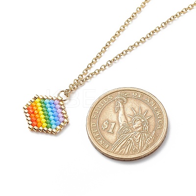 Rainbow Color Japanese Seed Braided Hexagon Pendant Necklace with 304 Stainless Steel Chains for Women NJEW-MZ00006-1