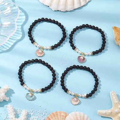 Natural Lava Rock Round Beads with Brass Rhinestone Spacer Beads and Shell Pearl Bead and Electroplate Non-magnetic Synthetic Hematite Beads and Alloy Pendants Bracelets BJEW-JB11511-1