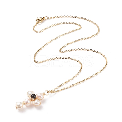 Natural Obsidian & Pearl Braided Cross Pendant Necklace NJEW-JN03920-05-1