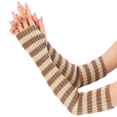 Stripe Acrylic Fibers Knitting Long Fingerless Gloves PW-WG9BE2E-02-1