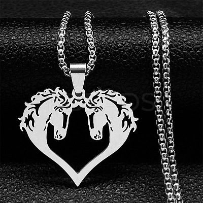 Hip-hop Style 201 Stainless Steel Laser Cut Double Horse Heart Pendant Necklaces FS-WGDE3BC-01-1