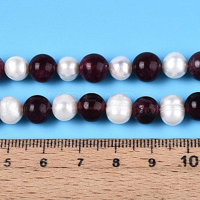 Dyed Natural Garnet Round & Natural Cultured Freshwater Pearl Grooved Potato Beads Strands PEAR-N019-12-1