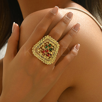 Abstract Vintage Trapezoid Brass Colorful Rhinestones Women's Ring NK9373-1
