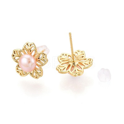 Flower Brass Natural Pearl Stud Earrings PEAR-N017-07F-1