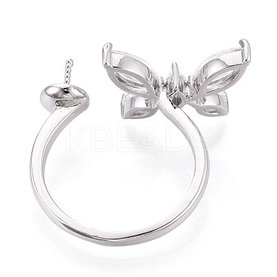 Butterfly Shape Brass Micro Pave Clear Cubic Zirconia Cuff Ring Settings for Half Drilled Beads KK-T076-47P-1