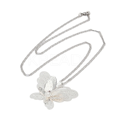 201 Stainless Steel Crystal Rhinestone 3D Hollow Butterfly Pendant Necklaces for Women NJEW-K283-30P-1