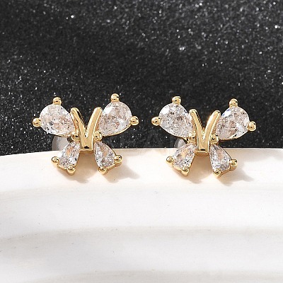 Butterfly Brass Micro Pave Clear Cubic Zirconia Stud Earrings EJEW-P331-07G-1
