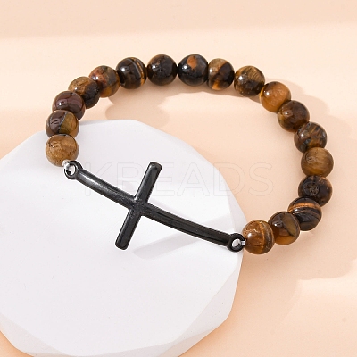 Round Natural Tiger Eye Bead Stretch Bracelets BJEW-F493-08EB-01-1