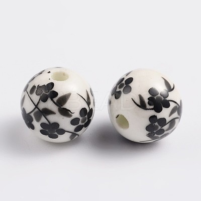 12mm Round Black Handmade Printed Porcelain Beads X-PORC-Q201-12mm-5-1