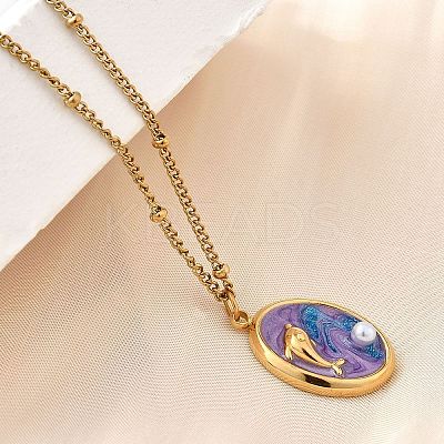 Summer Beach 304 Stainless Steel Lilac Enamel Pendant Necklaces for Women NJEW-U043-01C-G-1