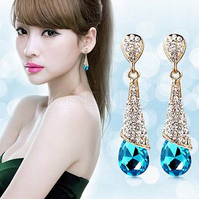 Real 18K Gold Plated Brass Rhinestone Teardrop Stud Earrings EJEW-EE0001-232C-1