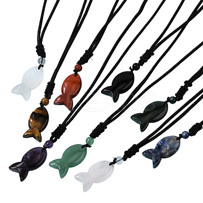 Natural Mixed Stone Fish Pendant Black Nylon Cord Necklaces NJEW-G185-01-1