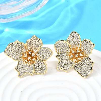 Brass Clear Cubic Zirconia Flower Stud Earrings EJEW-C147-02G-1