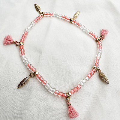 Bohemian Style Alloy Feather Charm Tassel Plastic Seed Beaded Stretch Anklets FS-WGB8A48-07-1