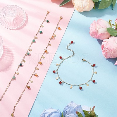 3Pcs 3 Colors Dyed Natural Banded Agate Round & 304 Stainless Steel Shell Shape Tassel Anklets for Women AJEW-AN00702-1