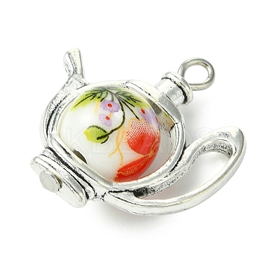 Rotatable Floral Printed Porcelain Bead Teapot Pendants PALLOY-JF03167-1