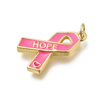 October Breast Cancer Pink Awareness Ribbon Brass Enamel Pendants LS-KK-G525-10G-06-1