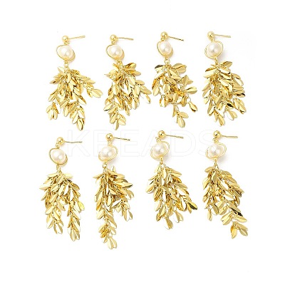 ABS Pearl with Leafy Branch Dangle Stud Earrings EJEW-E270-13G-1