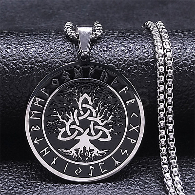 201 Stainless Steel Black Enamel Rune Tree of Life Pendant Necklaces for Men NJEW-K283-27P-1