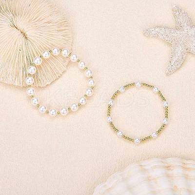 2Pcs 2 Styles ABS Plastic Imitation Pearl & Shell Pearl & Brass Beads Bracelets BJEW-SW01606-1