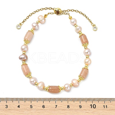 Adjustable Natural Sunstone & Cultured Freshwater Pearls Beads Slider Bracelets for Women BJEW-JB14030-02-1