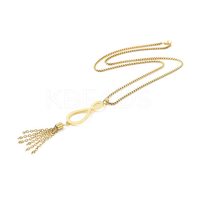 Ion Plating(IP) 304 Stainless Steel Infinity with Tassel Pendant Necklace with Box Chains for Women NJEW-B087-05G-1