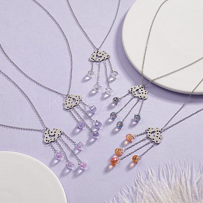 201 Stainless Steel Cloud with Glass Tassel Pendant Necklace for Women  NJEW-JN04274-1