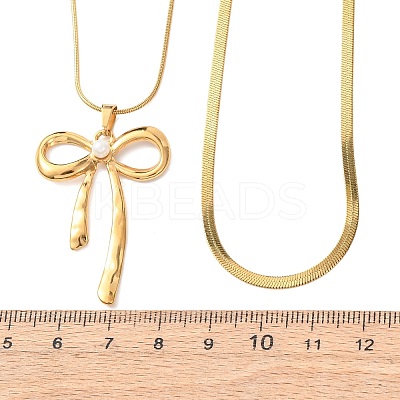 304 Stainless Steel Bowknot Pendant Double Layer Necklaces for Women NJEW-Z108-01G-1