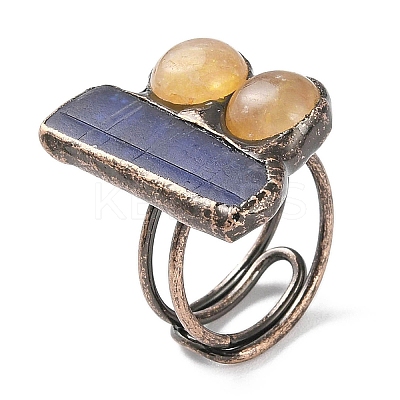 Rectangle & Round Natural Kyanite & Yellow Hematoid Quartz/Golden Healer Quartz Adjustable Rings RJEW-A041-03R-1