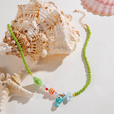 Summer Beach Porcelain Fish Shell Shape & Plastic Pearl Pendant Lime Glass Seed Beaded Necklaces for Women FS-WGBDA16-01-1