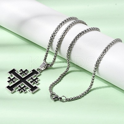 Jerusalem Cross Alloy Enamel Black Pendant 201 Stainless Steel Box Chain Necklaces NJEW-Z109-01P-1