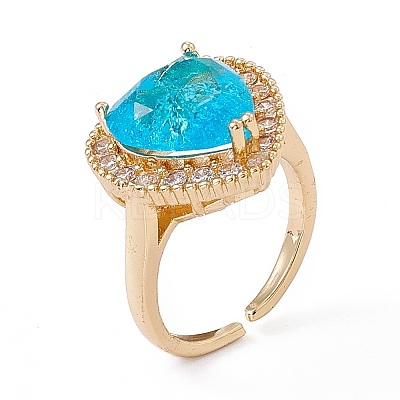Deep Sky Blue Glass Heart Open Cuff Ring with Cubic Zirconia RJEW-J017-VC501-1