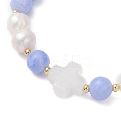 Natural Blue Lace Agate & Cultured Freshwater Pearl Round Beads Stretch Bracelets for Women BJEW-JB13086-01-1
