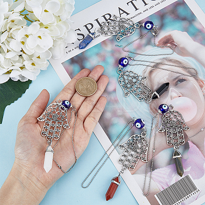1 Set Hamsa Hand & Evil Eye Hanging Ornament with Bullet Gemstone Charm PALLOY-FH0007-43A-1